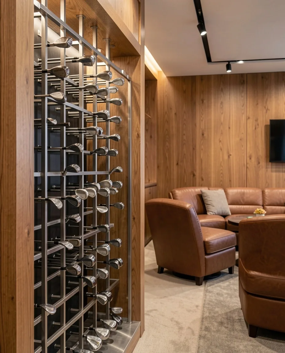 Bright golf fitting studio with metal accents